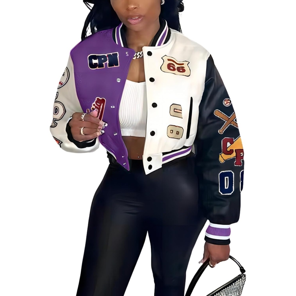 image:imageGlitrandi Varsity Jacket Women with Patches Print Cropped Bomber Leather Jacket Women 2025 SXXLApurple