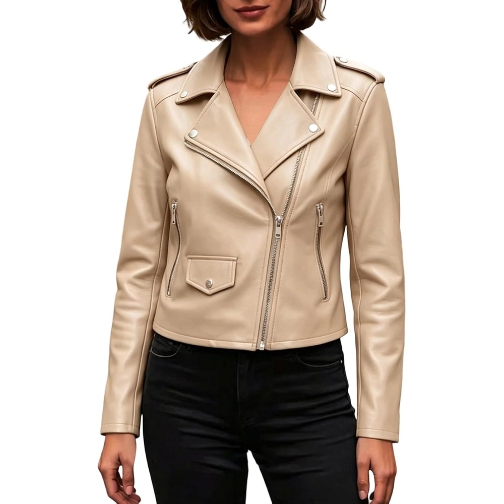 image:imageJiXiang Faux Leather Jacket Women Lapel Collared Fashion Vintage Coat Zipper Closure Cropped Biker Motorcycle Jackets Outwear1beige