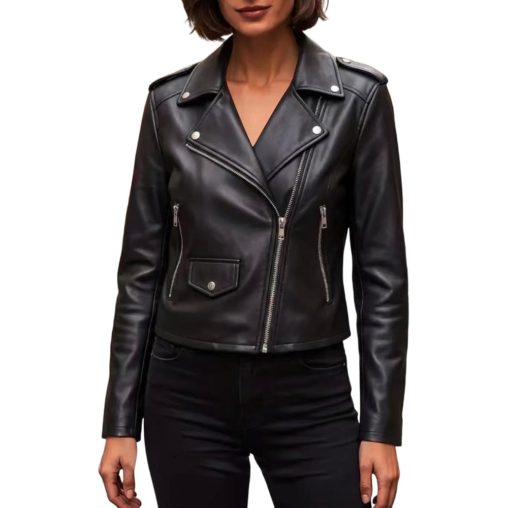 image:imageJiXiang Faux Leather Jacket Women Lapel Collared Fashion Vintage Coat Zipper Closure Cropped Biker Motorcycle Jackets Outwear1black