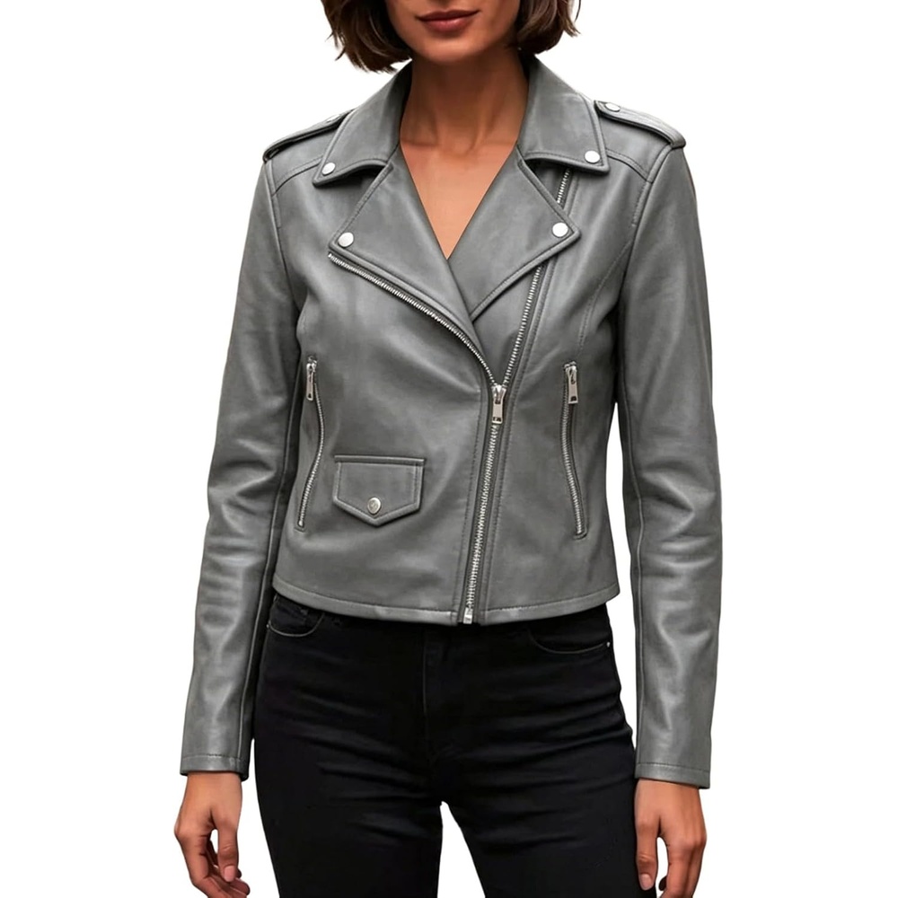 image:imageJiXiang Faux Leather Jacket Women Lapel Collared Fashion Vintage Coat Zipper Closure Cropped Biker Motorcycle Jackets Outwear1grey