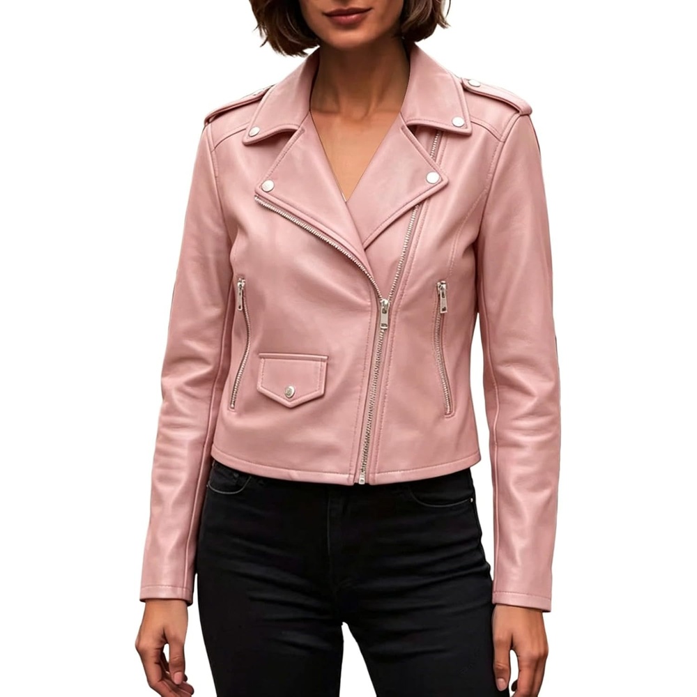 image:imageJiXiang Faux Leather Jacket Women Lapel Collared Fashion Vintage Coat Zipper Closure Cropped Biker Motorcycle Jackets Outwear1light Pink