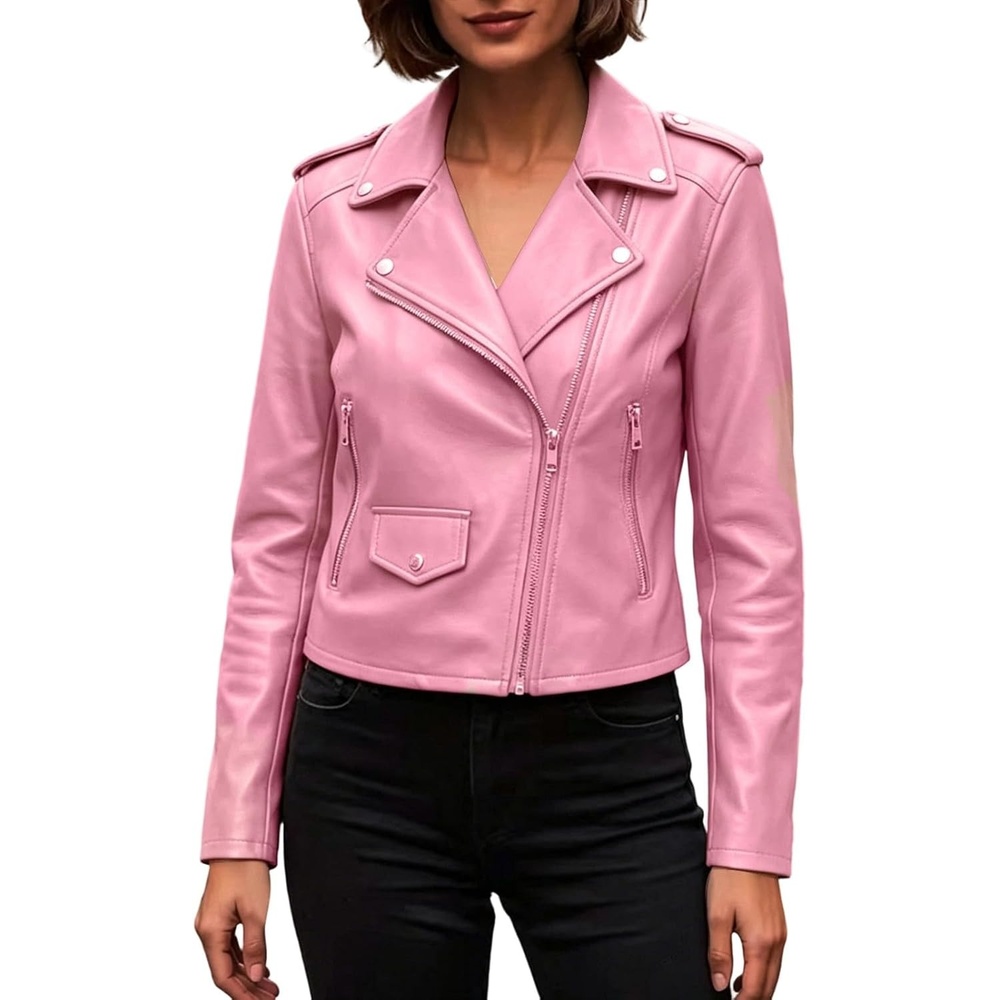 image:imageJiXiang Faux Leather Jacket Women Lapel Collared Fashion Vintage Coat Zipper Closure Cropped Biker Motorcycle Jackets Outwear1pink