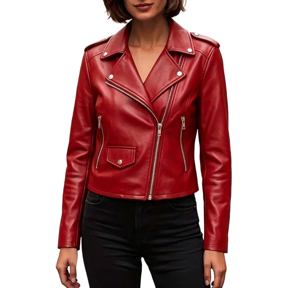 image:imageJiXiang Faux Leather Jacket Women Lapel Collared Fashion Vintage Coat Zipper Closure Cropped Biker Motorcycle Jackets Outwear1rd1