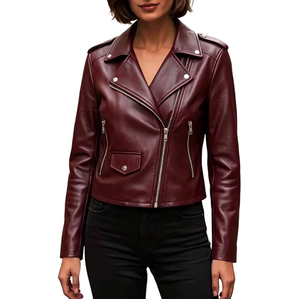 image:imageJiXiang Faux Leather Jacket Women Lapel Collared Fashion Vintage Coat Zipper Closure Cropped Biker Motorcycle Jackets Outwear1rd3