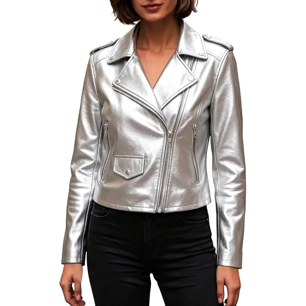 image:imageJiXiang Faux Leather Jacket Women Lapel Collared Fashion Vintage Coat Zipper Closure Cropped Biker Motorcycle Jackets Outwear1silver