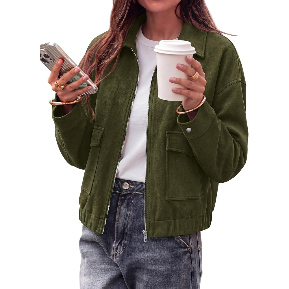 image:imageKIRUNDO Womens Faux Suede Bomber Jacket Zip Up Cropped Fall CoatsArmy Green