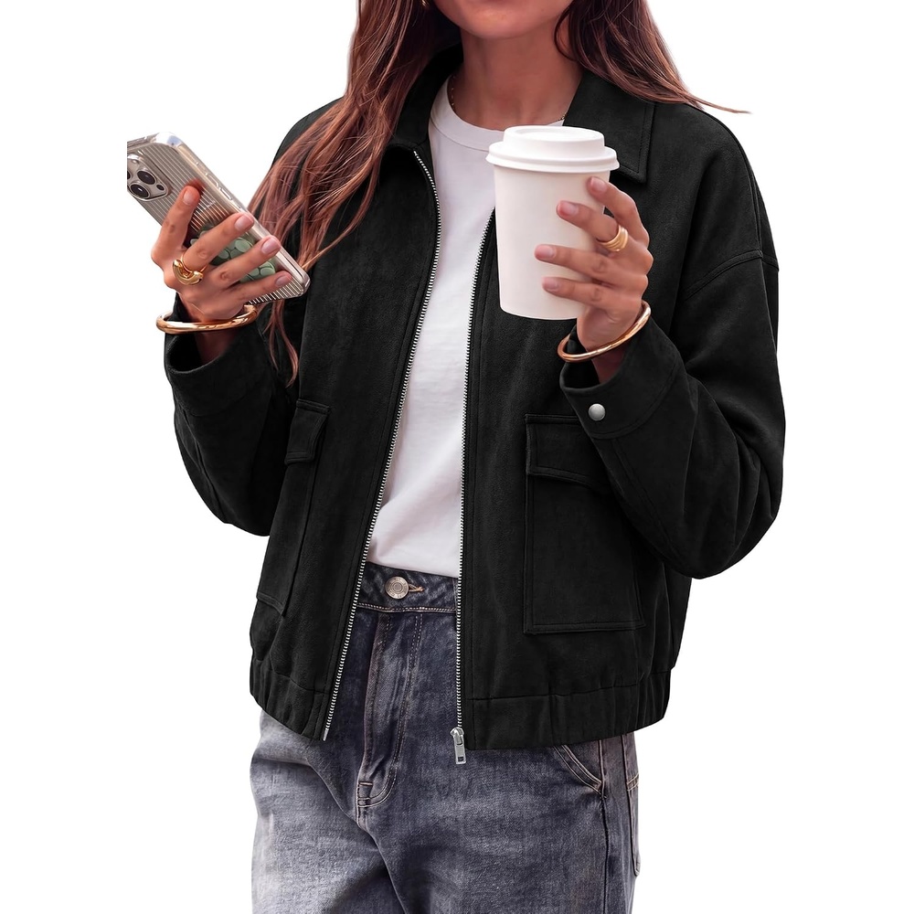 image:imageKIRUNDO Womens Faux Suede Bomber Jacket Zip Up Cropped Fall CoatsBlack