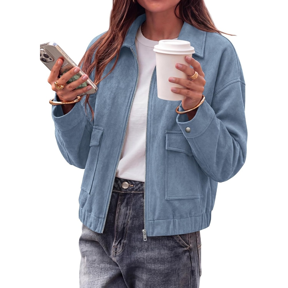 image:imageKIRUNDO Womens Faux Suede Bomber Jacket Zip Up Cropped Fall CoatsBlue Grey