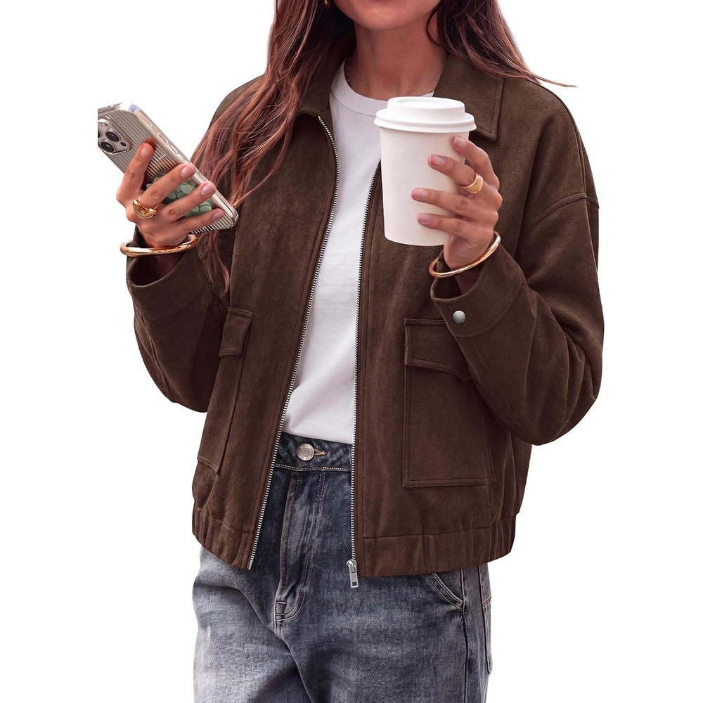 image:imageKIRUNDO Womens Faux Suede Bomber Jacket Zip Up Cropped Fall CoatsCoffee