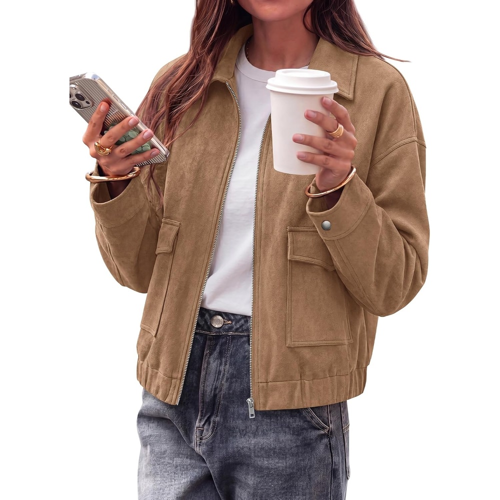 image:imageKIRUNDO Womens Faux Suede Bomber Jacket Zip Up Cropped Fall CoatsKhaki
