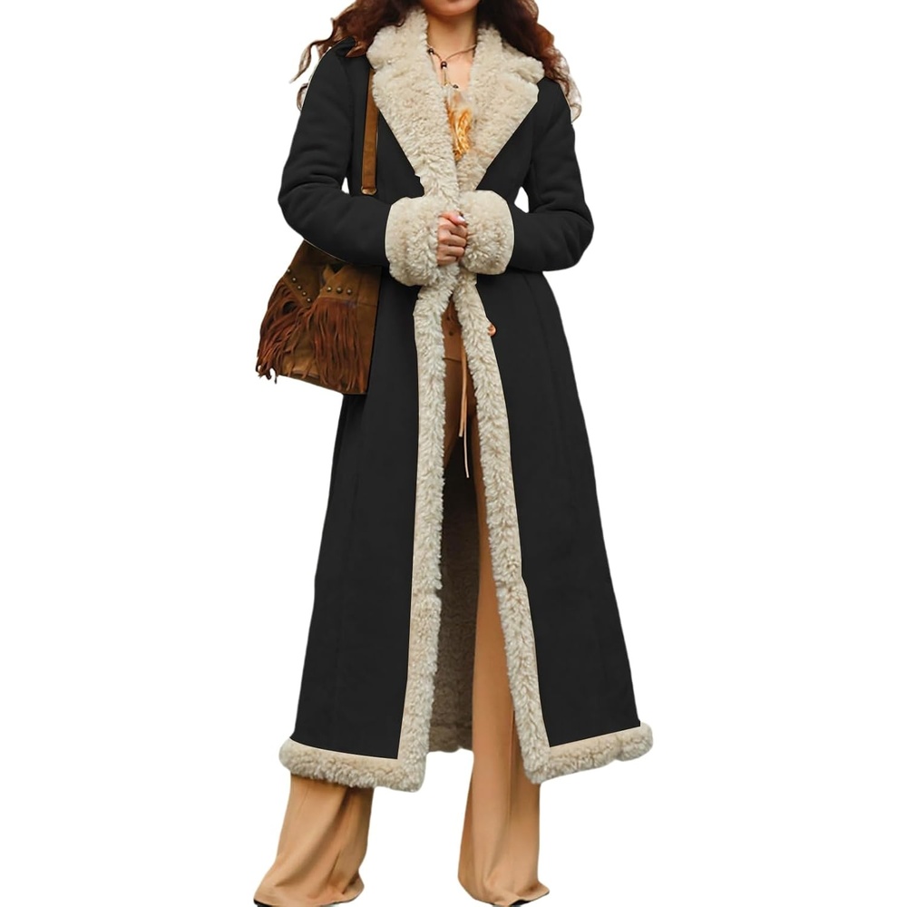 image:imageKubbon Womens Long Trench Coat Suede Leather Shearing Jacket Lapel OvercoatBlack