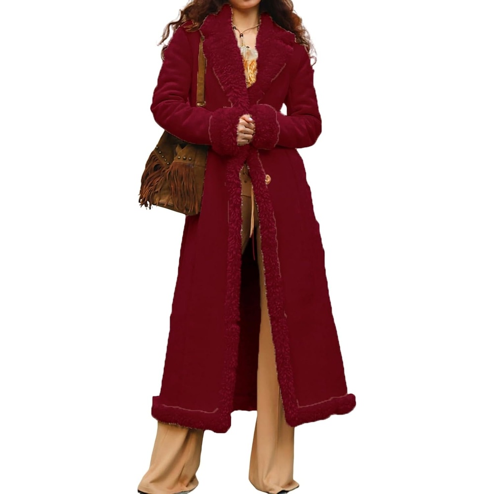 image:imageKubbon Womens Long Trench Coat Suede Leather Shearing Jacket Lapel OvercoatWine Red