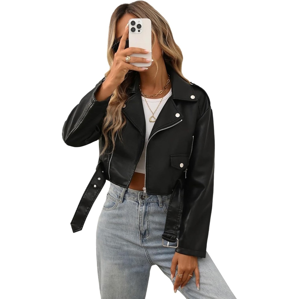 image:imageLY VAREY LIN Women Faux Leather Cropped Jacket Bomber Aviator Motor Biker Coat with Belt903black