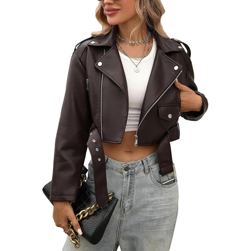 image:imageLY VAREY LIN Women Faux Leather Cropped Jacket Bomber Aviator Motor Biker Coat with Belt903chocolate
