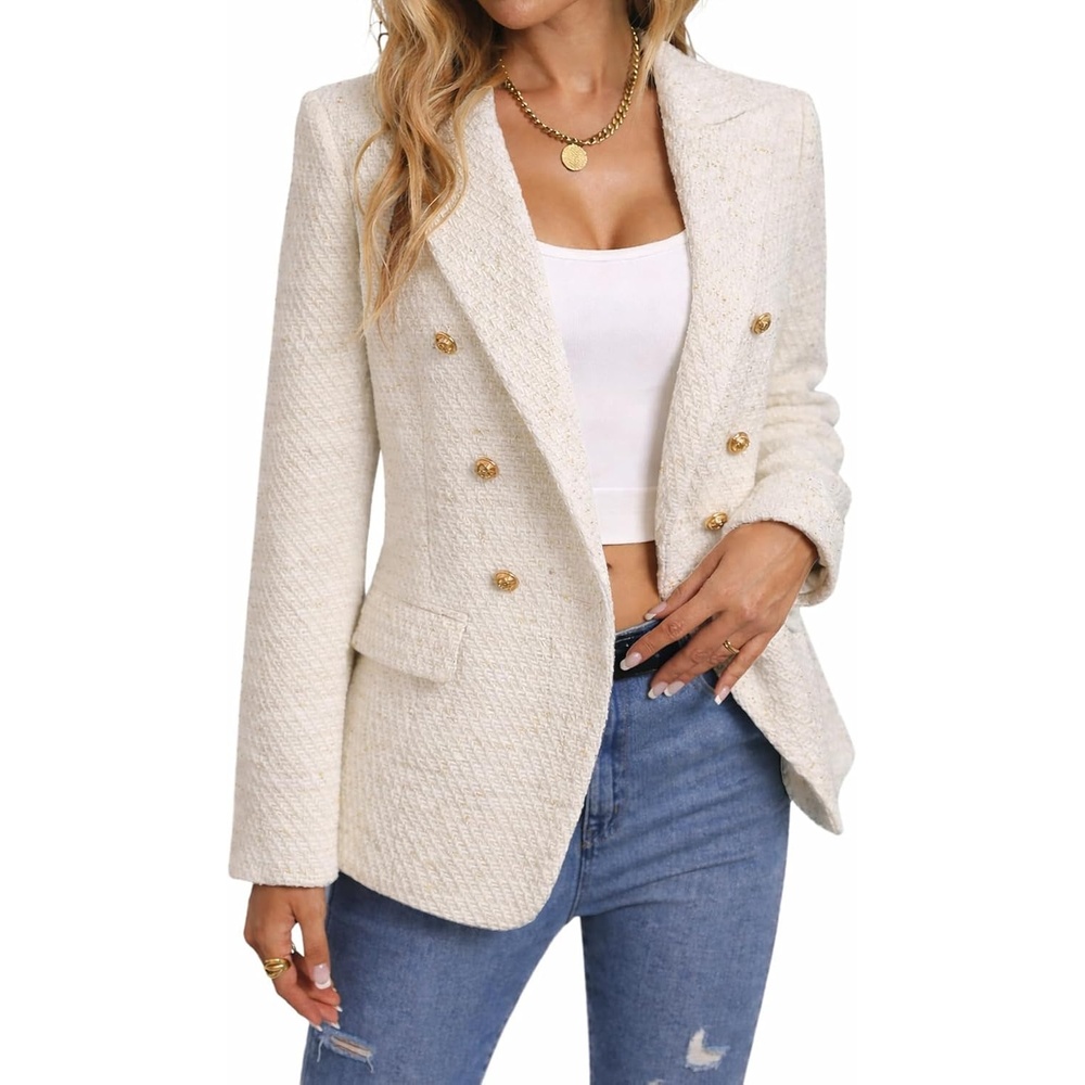 image:imageMina Self 2026 Womens Fall Tweed Blazer Plaid Jacket Business Casual Coat1tweedBeige