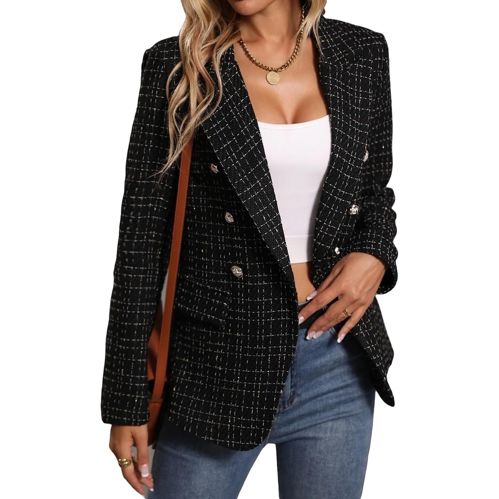 image:imageMina Self 2026 Womens Fall Tweed Blazer Plaid Jacket Business Casual Coat1tweedBlack