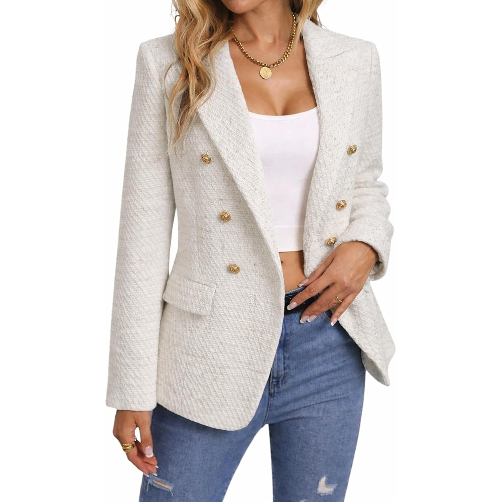 image:imageMina Self 2026 Womens Fall Tweed Blazer Plaid Jacket Business Casual Coat1tweedWhite