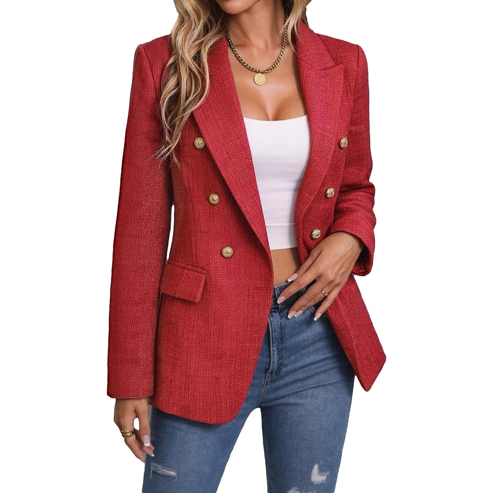 image:imageMina Self 2026 Womens Fall Tweed Blazer Plaid Jacket Business Casual Coat3tweedRed