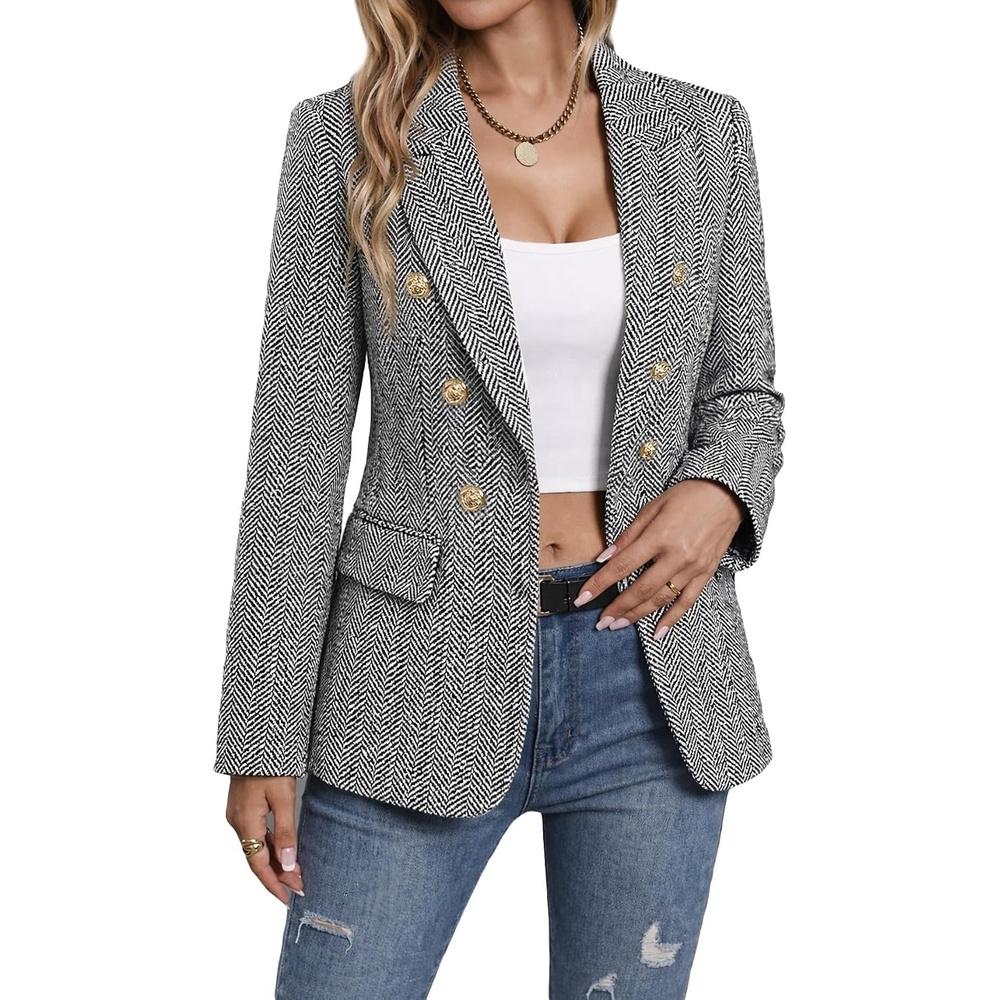 image:imageMina Self 2026 Womens Fall Tweed Blazer Plaid Jacket Business Casual CoatHerringboneBlack