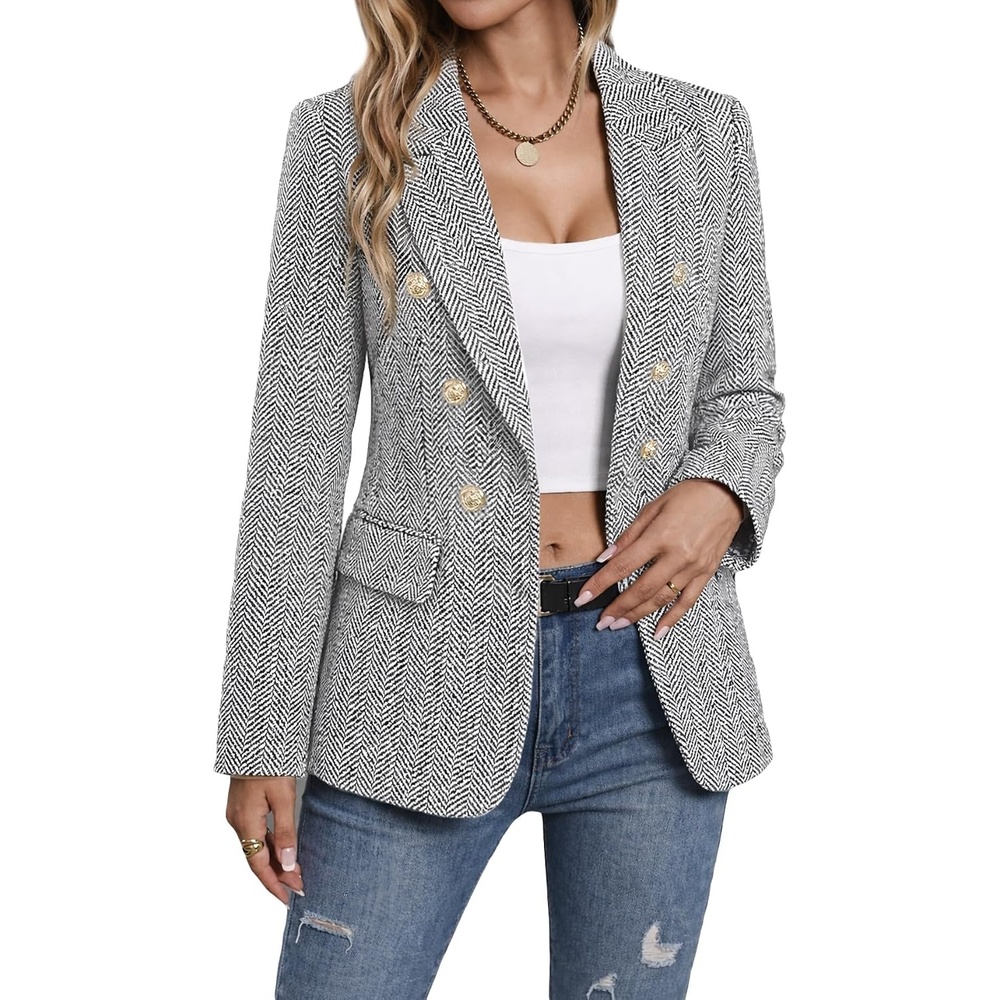 image:imageMina Self 2026 Womens Fall Tweed Blazer Plaid Jacket Business Casual CoatHerringboneGrey