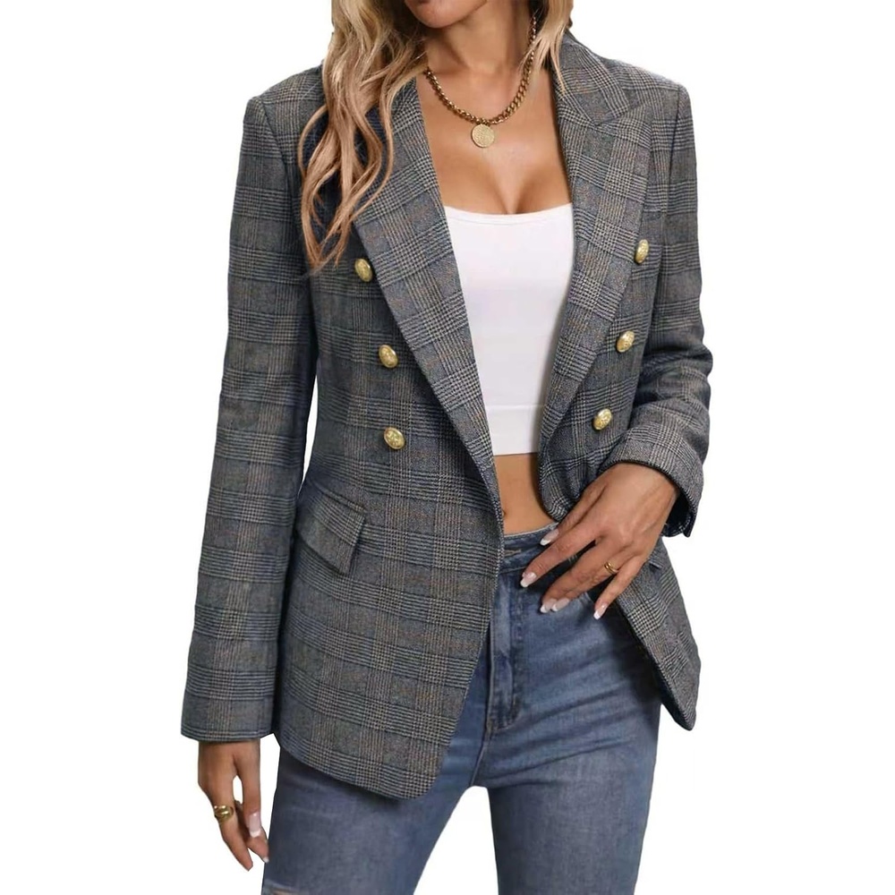 image:imageMina Self 2026 Womens Fall Tweed Blazer Plaid Jacket Business Casual CoatPlaidBlack