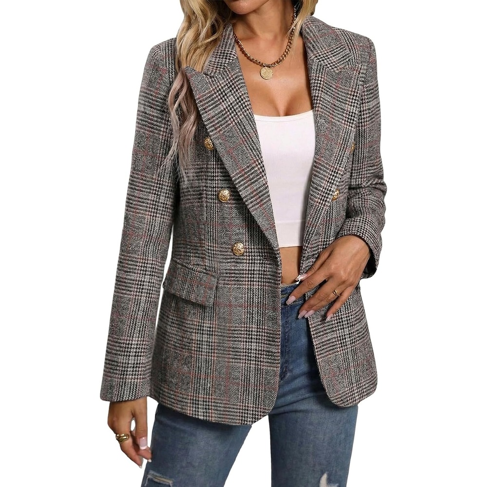image:imageMina Self 2026 Womens Fall Tweed Blazer Plaid Jacket Business Casual CoatPlaidRedbrown