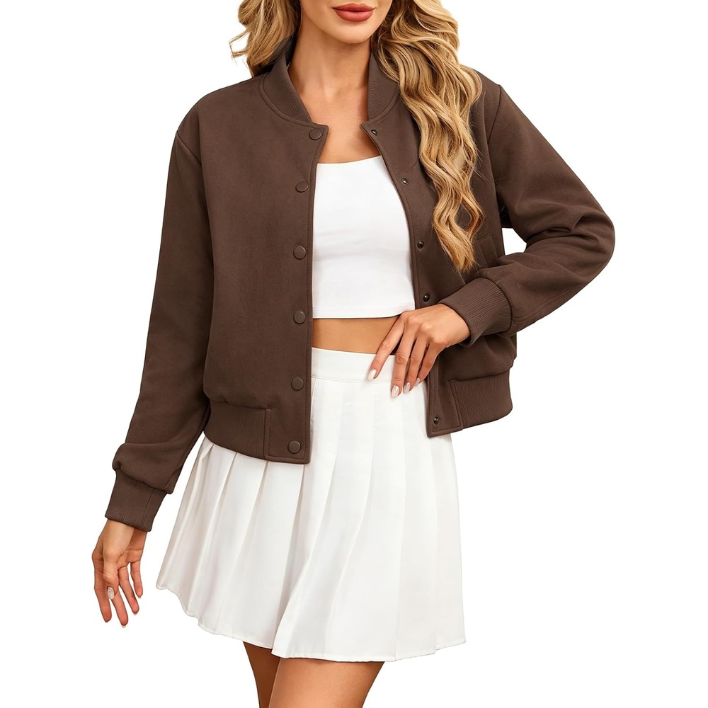 image:imageMoreone Womens Faux Suede Cropped Varsity Bomber Jacket Button Front CasualCoffee