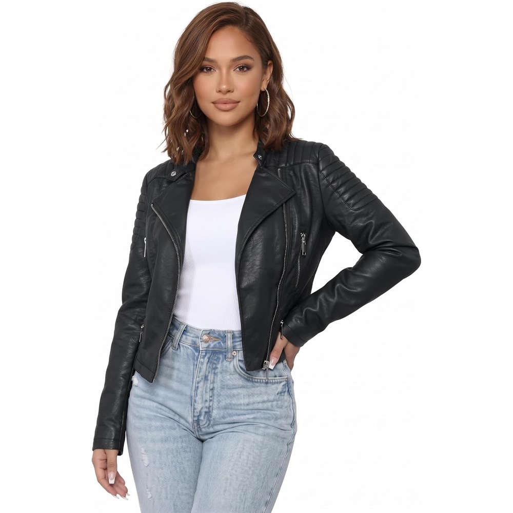 image:imageOlivia Miller Womens Faux Leather Moto JacketBlack