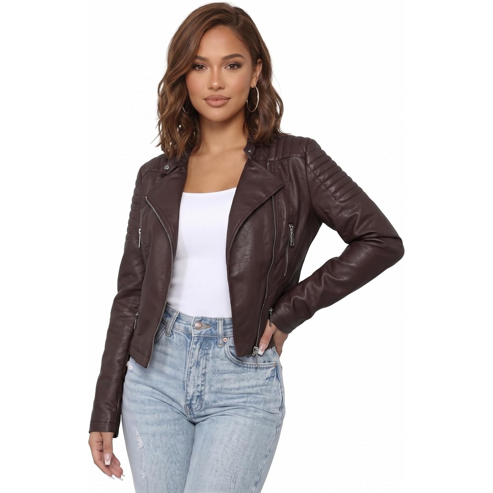 image:imageOlivia Miller Womens Faux Leather Moto JacketBrown