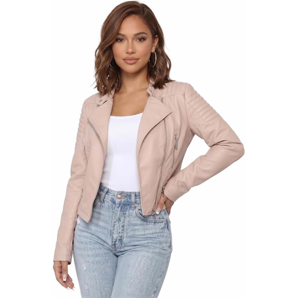 image:imageOlivia Miller Womens Faux Leather Moto JacketDusty Rose