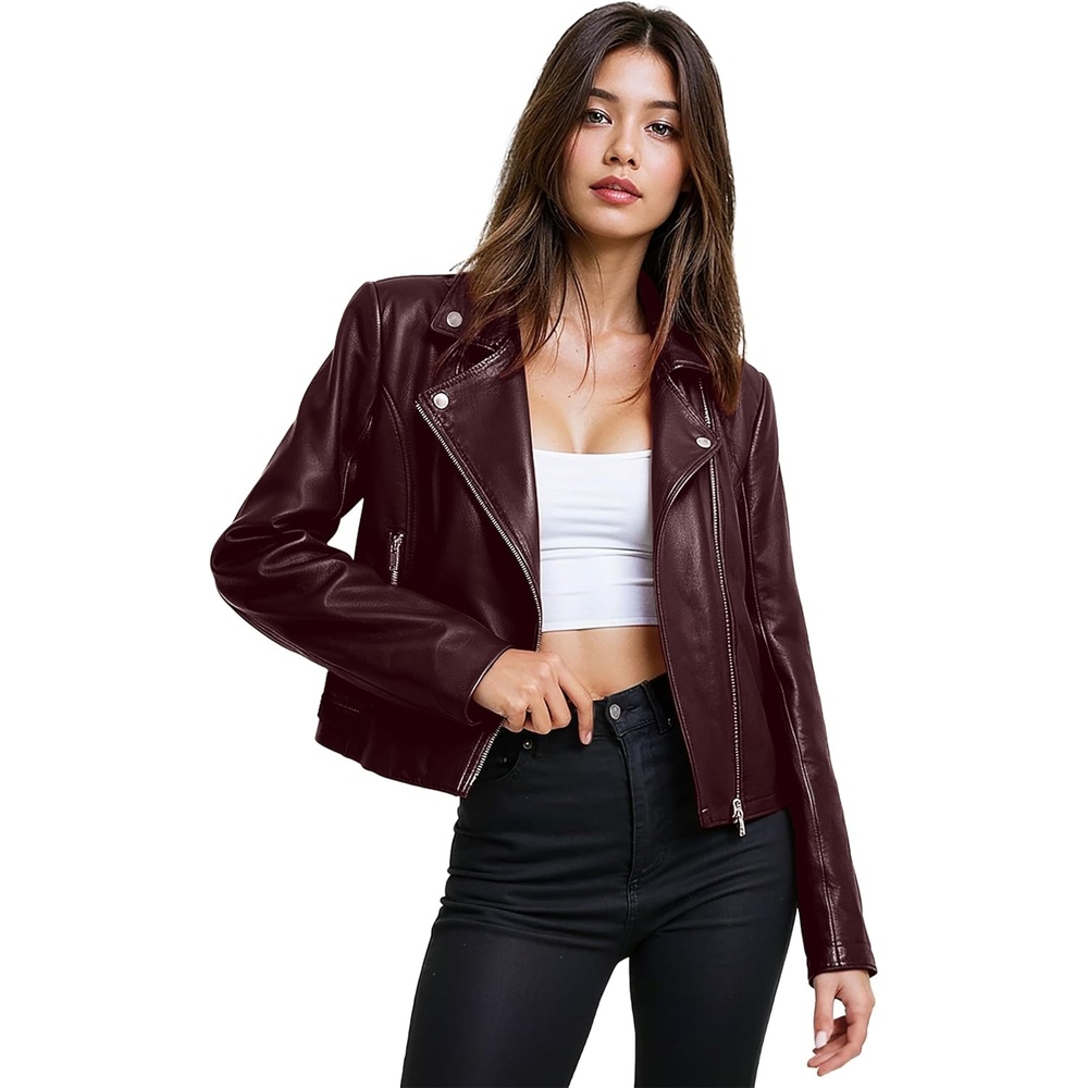 image:imageOlivia Miller Womens Faux Leather Moto JacketJk5208burgundy