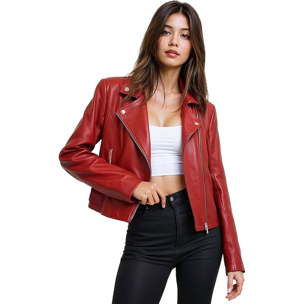 image:imageOlivia Miller Womens Faux Leather Moto JacketJk5208red