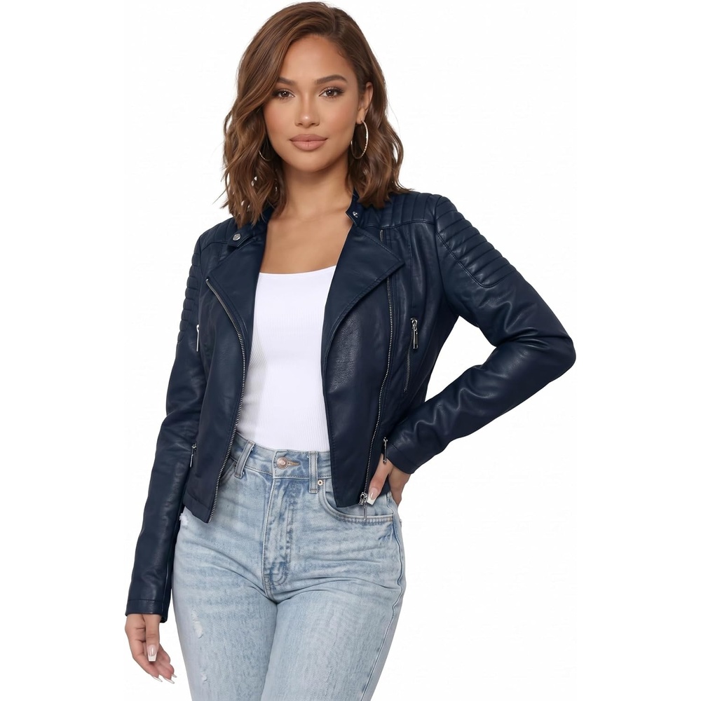 image:imageOlivia Miller Womens Faux Leather Moto JacketNavy