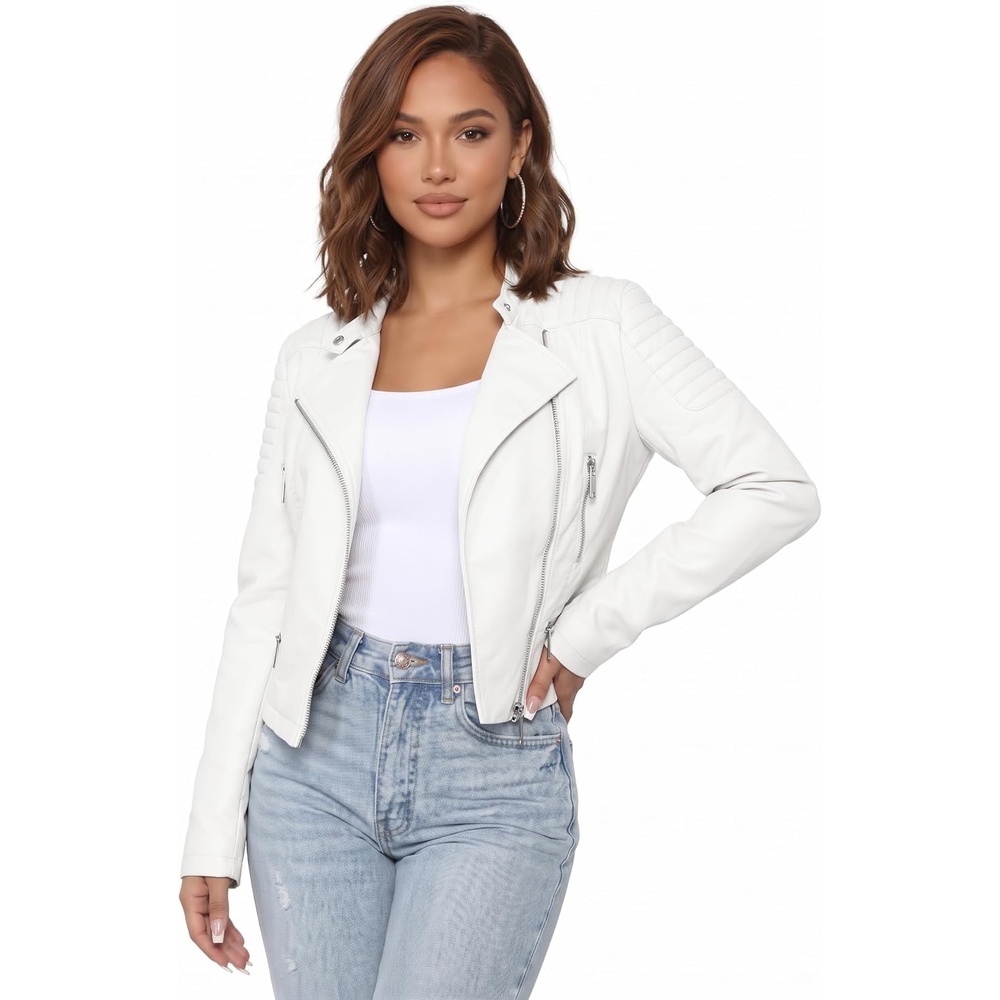 image:imageOlivia Miller Womens Faux Leather Moto JacketWhite