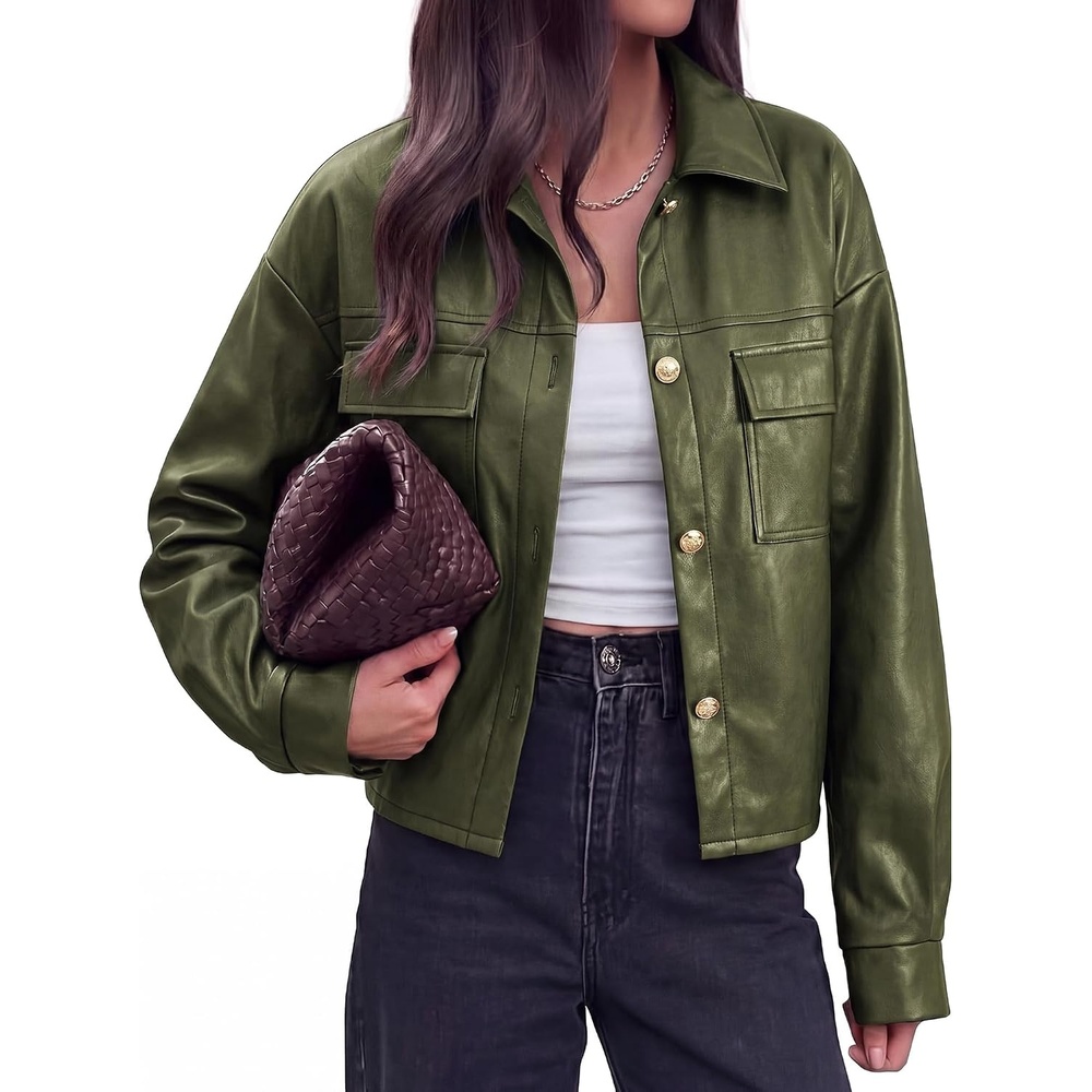 image:imagePRETTYGADEN Womens Button Down Faux Leather JacketArmy Green