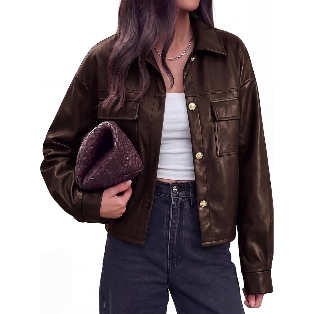 image:imagePRETTYGADEN Womens Button Down Faux Leather JacketBrown