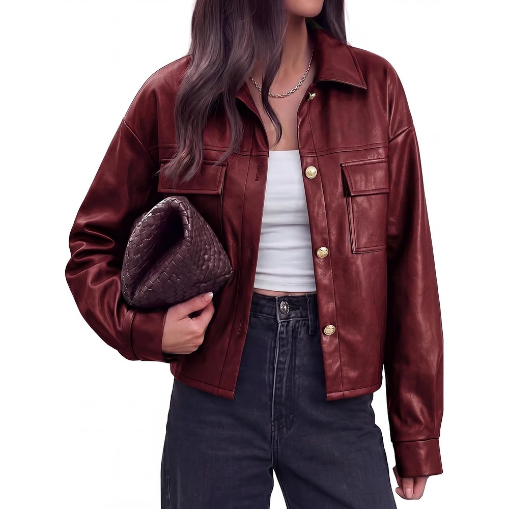 image:imagePRETTYGADEN Womens Button Down Faux Leather JacketBurgundy