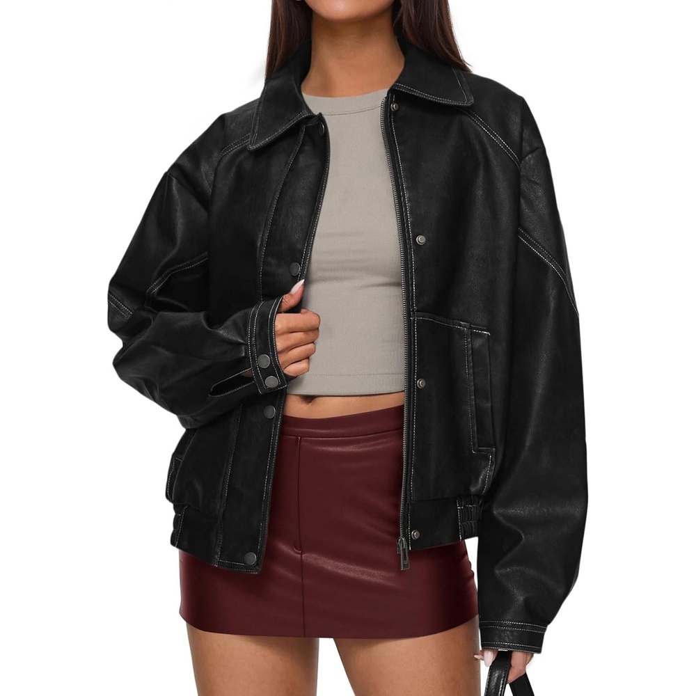 image:imagePRETTYGARDEN Womens Oversized Faux Leather Jacket Fall Winter OutfitsBlack