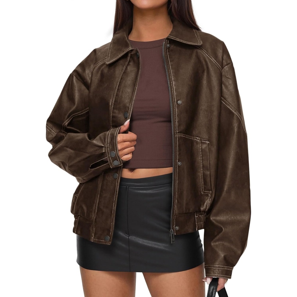 image:imagePRETTYGARDEN Womens Oversized Faux Leather Jacket Fall Winter OutfitsBrown