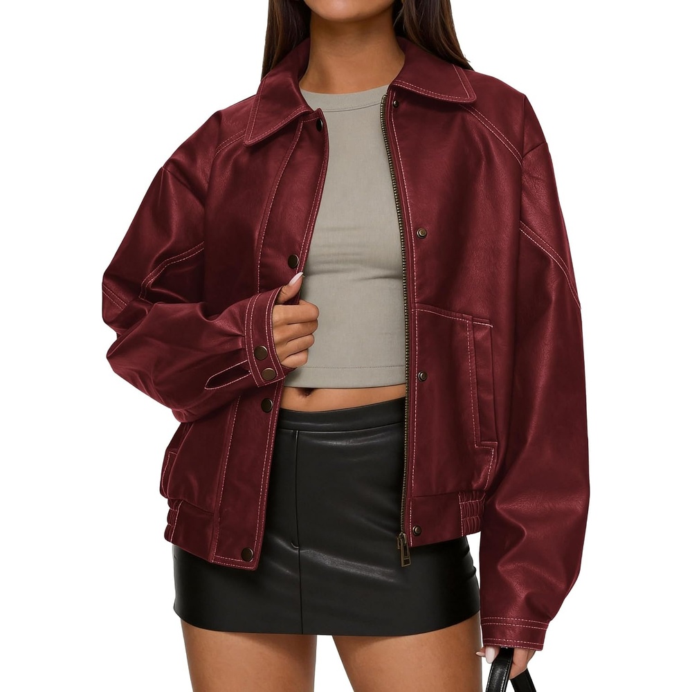 image:imagePRETTYGARDEN Womens Oversized Faux Leather Jacket Fall Winter OutfitsDark Red