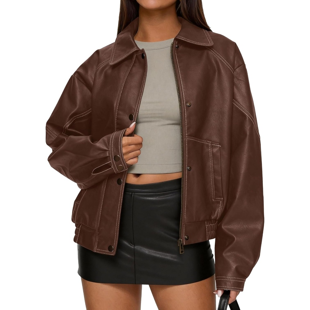 image:imagePRETTYGARDEN Womens Oversized Faux Leather Jacket Fall Winter OutfitsLight Brown