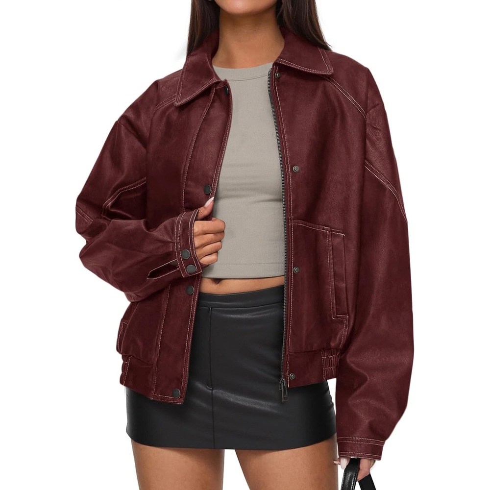 image:imagePRETTYGARDEN Womens Oversized Faux Leather Jacket Fall Winter OutfitsWine Red