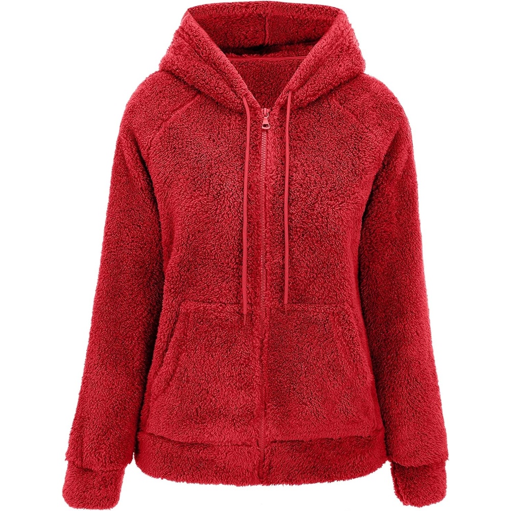 image:imageRISISSIDA Women Sherpa Faux Fur Jacket HoodedFleece Soft HoodieRed