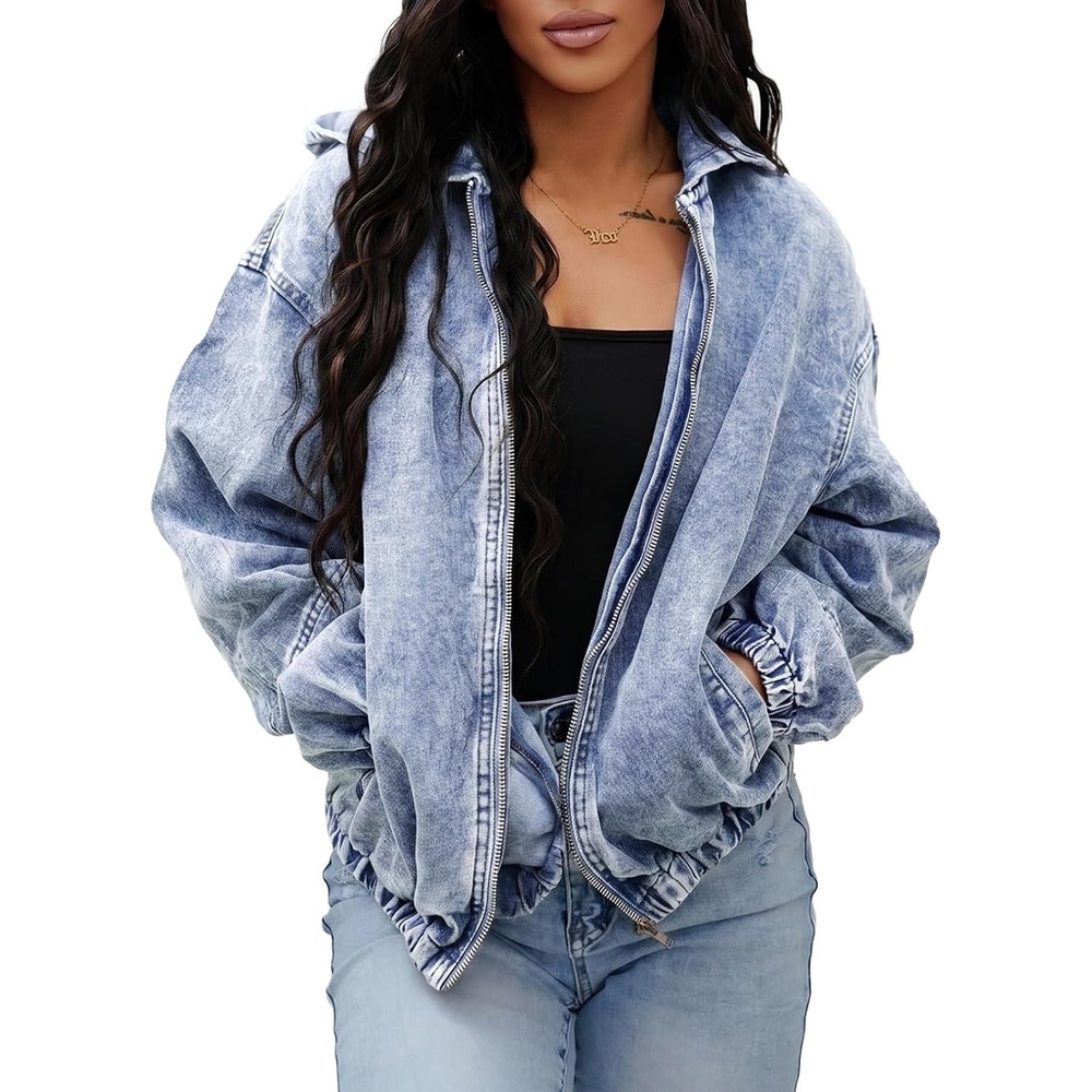 image:imageSHEWIN Womens Jean Jacket Vintage Long Sleeve Drop Shoulder Zip Up Elastic Hem Loose Washed Hooded Bomber Jacket CoatBeau Blue