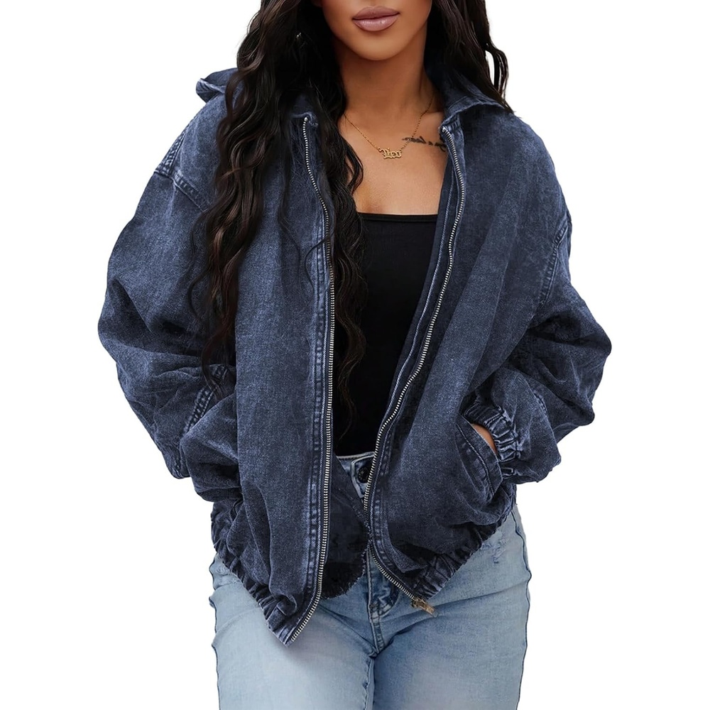 image:imageSHEWIN Womens Jean Jacket Vintage Long Sleeve Drop Shoulder Zip Up Elastic Hem Loose Washed Hooded Bomber Jacket CoatSail Blue
