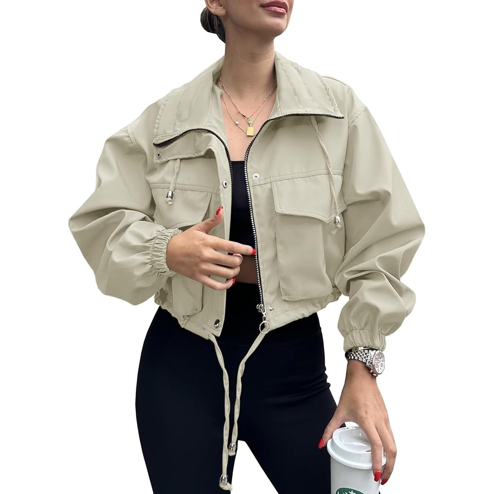 image:imageTankaneo Womens Cropped Jacket Zip Up Lightweight Oversized Utility AnorakBeige