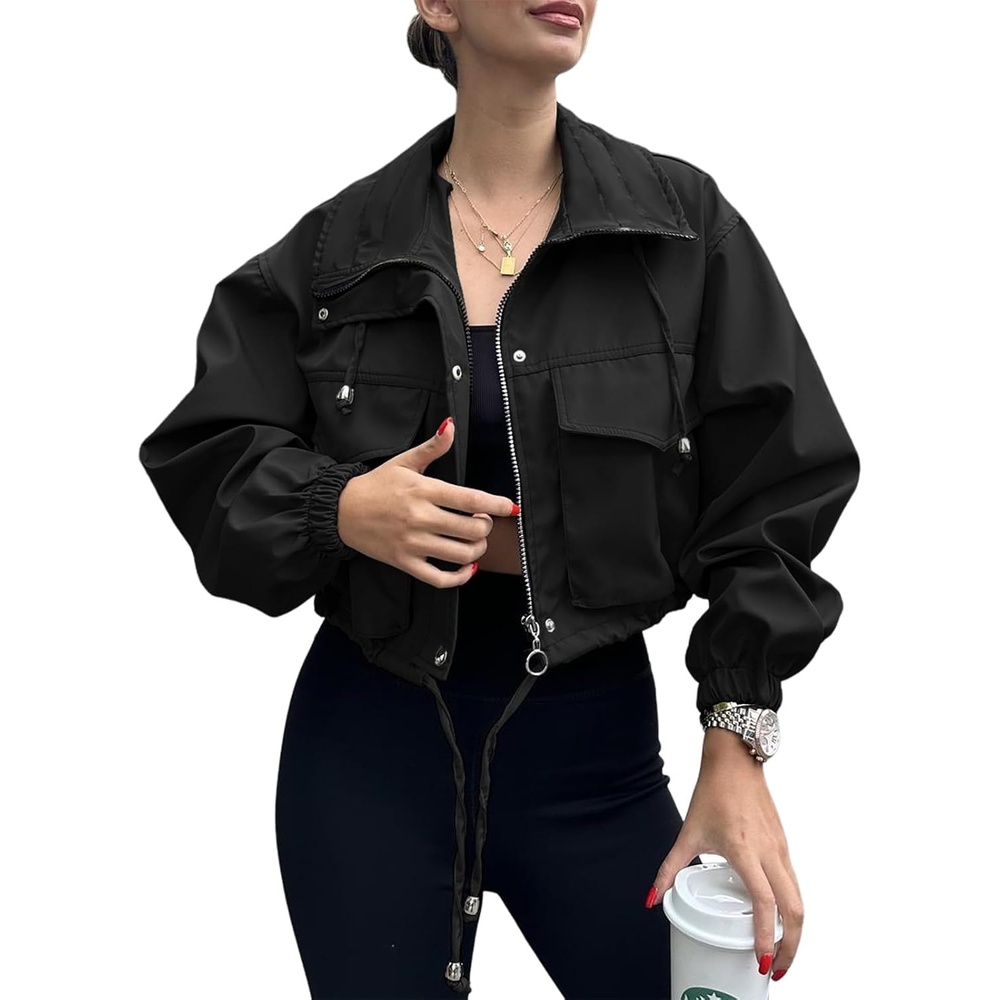 image:imageTankaneo Womens Cropped Jacket Zip Up Lightweight Oversized Utility AnorakBlack