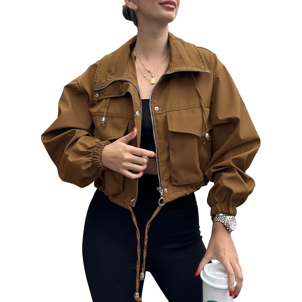 image:imageTankaneo Womens Cropped Jacket Zip Up Lightweight Oversized Utility AnorakBrown