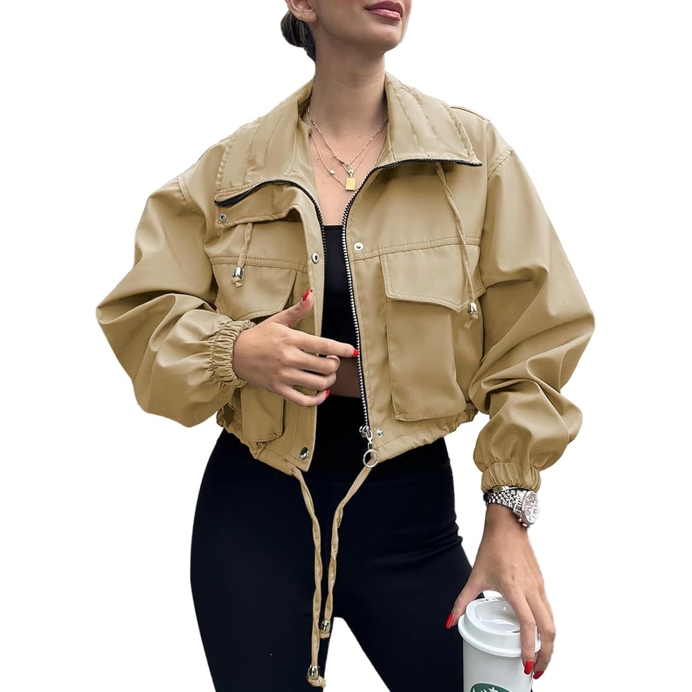 image:imageTankaneo Womens Cropped Jacket Zip Up Lightweight Oversized Utility AnorakDark Khaki