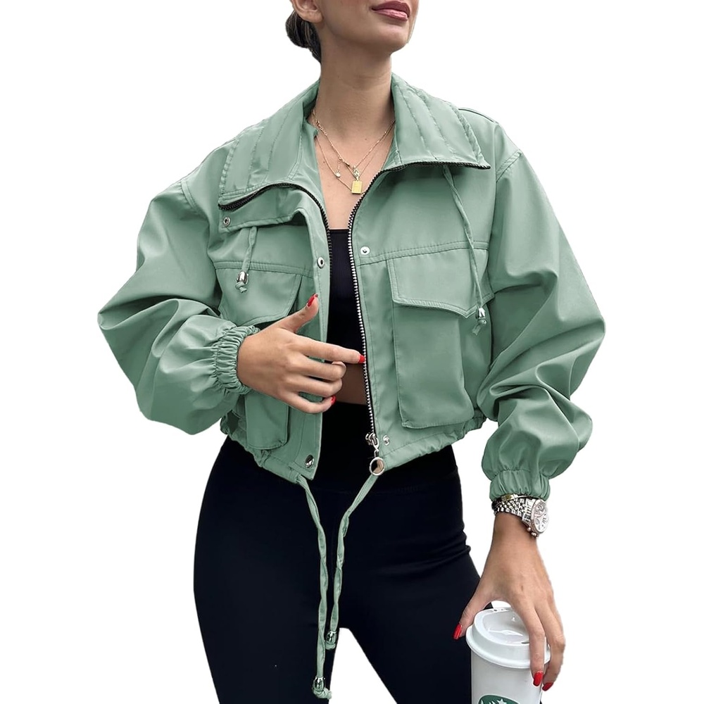 image:imageTankaneo Womens Cropped Jacket Zip Up Lightweight Oversized Utility AnorakGreen